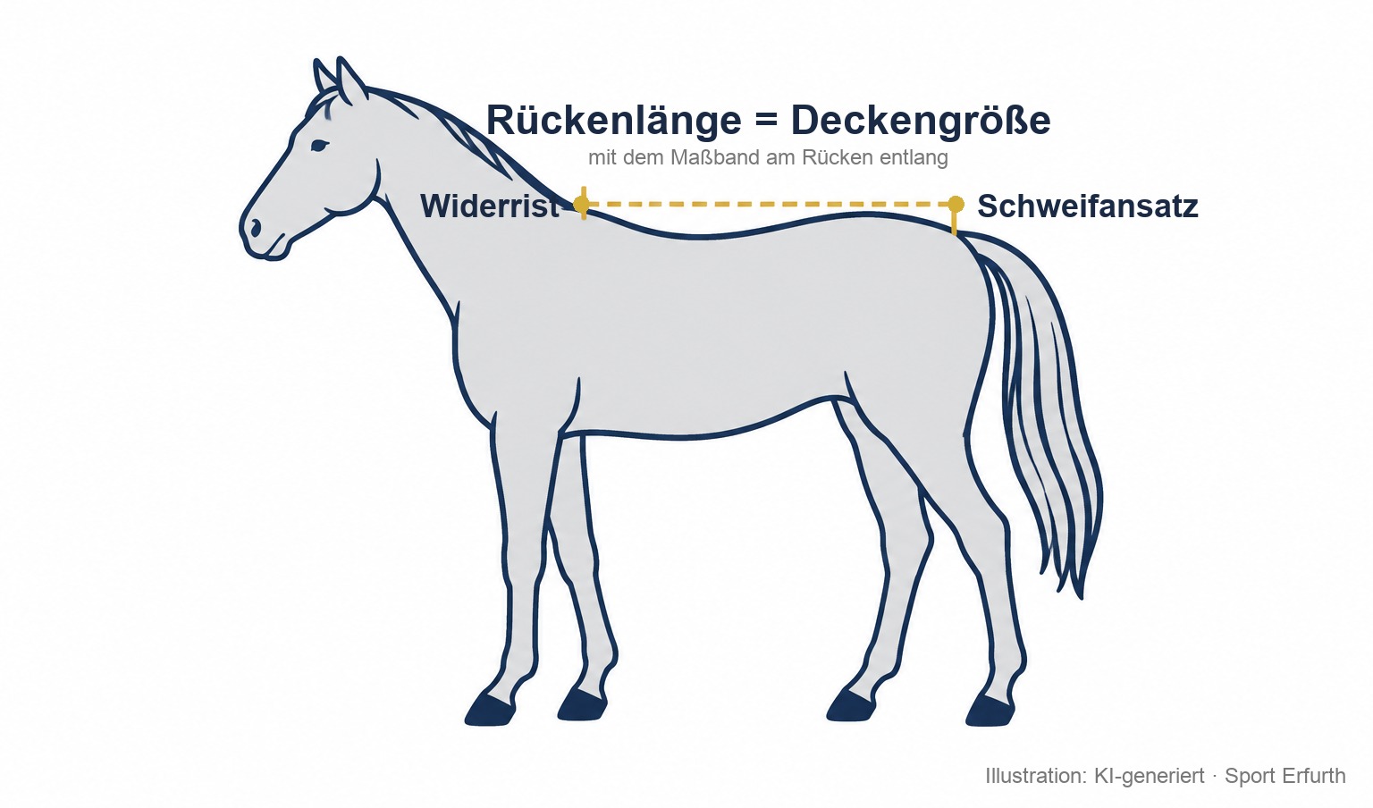 Skizze: Rückenlänge vom Widerrist bis zum Schweifansatz messen, das ist die Deckengröße
